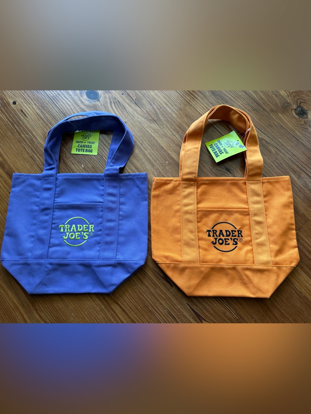 Trader Joe's Mini Canvas Tote Bags - Purple and Orange (Set of 2)